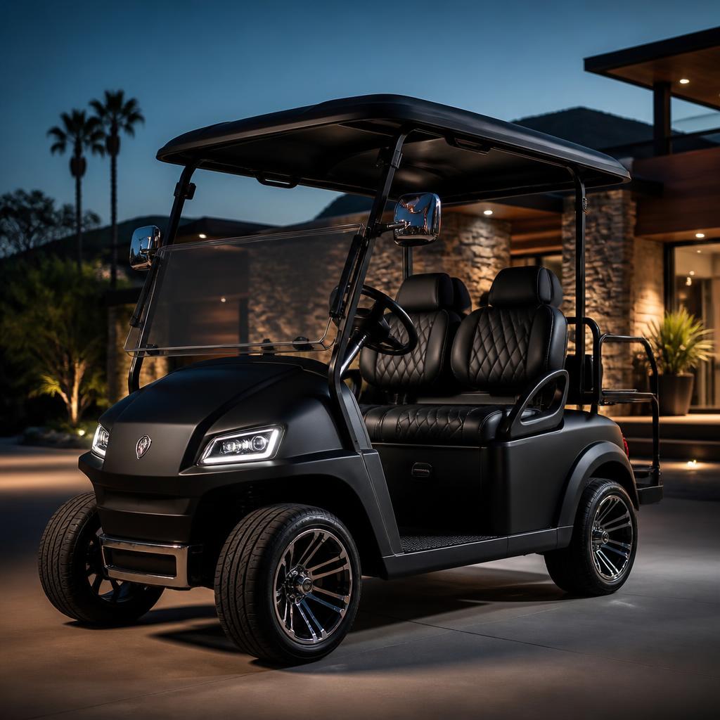 Matte black luxury two-seater golf cart with quilted black leather