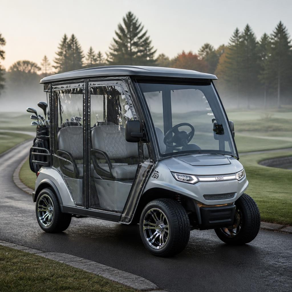 Silver enclosed four-seater golf cart with transparent weather doors