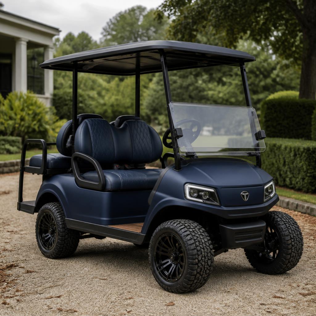 Matte navy four-seater golf cart with rugged wheels and wood grain dash
