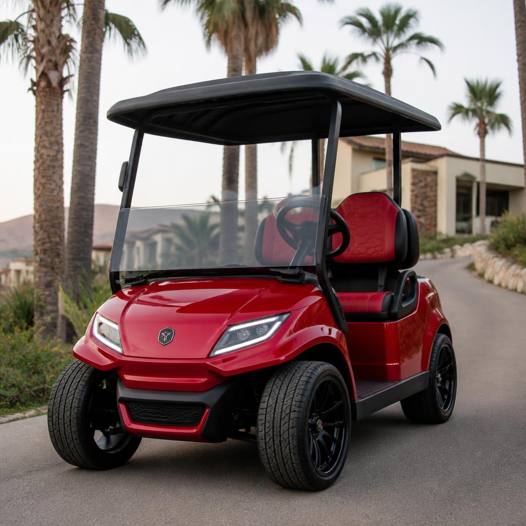 Deep red performance sport golf cart with black wheels