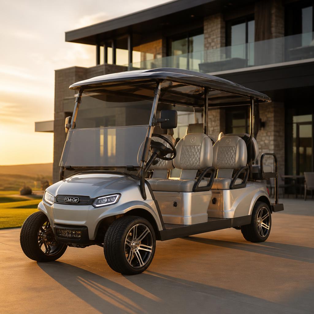 Silver metallic four-seater luxury golf cart with panoramic canopy