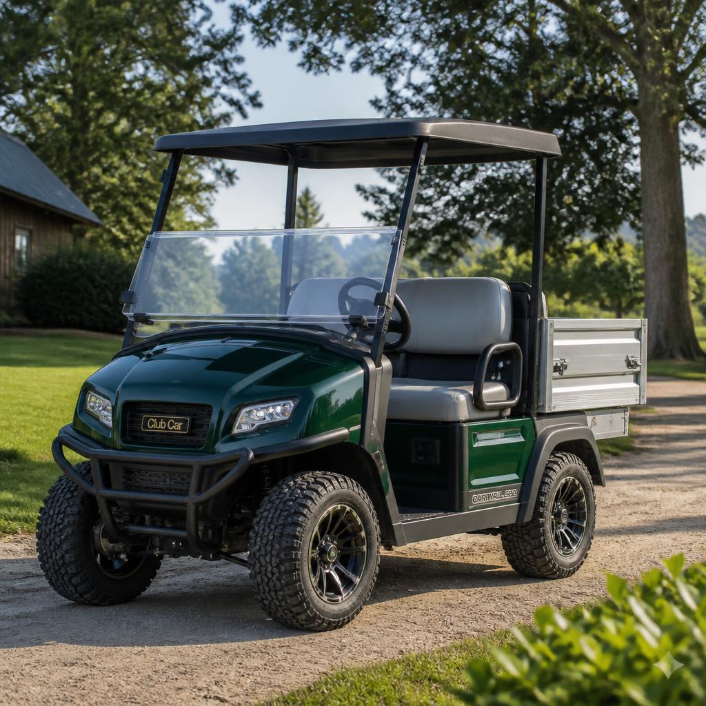 Dark green utility golf cart with aluminum bed and tow hitch