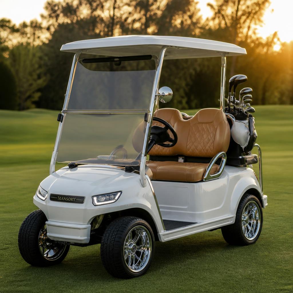 Pearl white luxury two-seater golf cart with tan leather seats